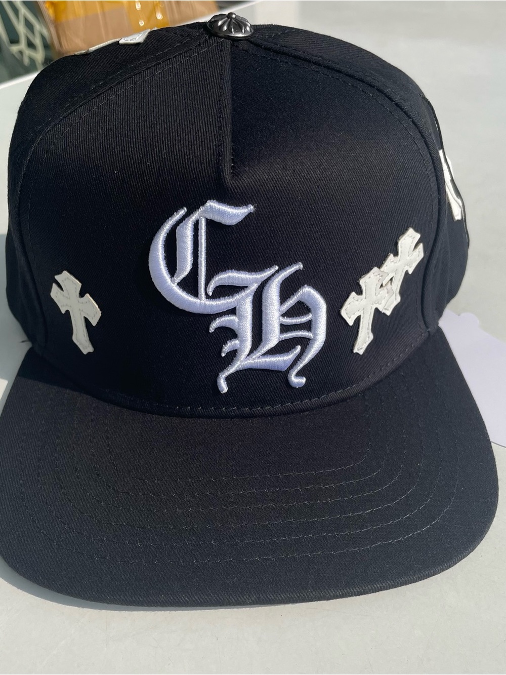 Chrome Hearts Black Baseball Cap with White Gothic CH & Crosses